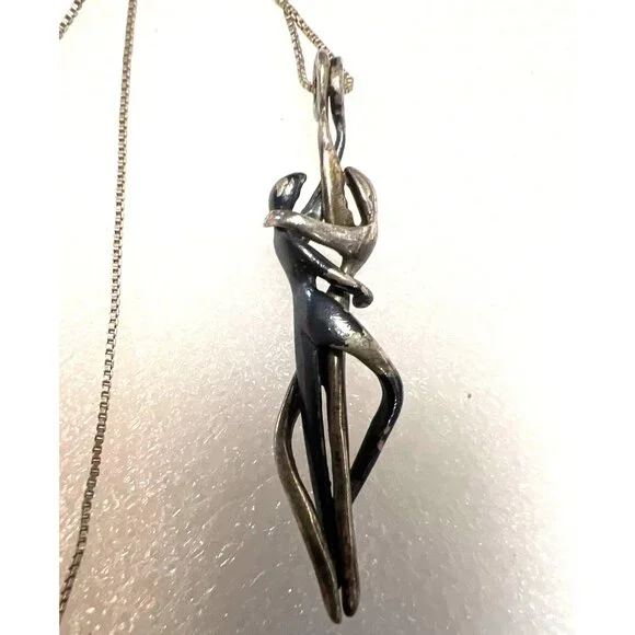 Silver Couple Pendant Necklace 18" Chain Yin Yang Dance Abstract Modernist Vtg - Picture 2 of 10